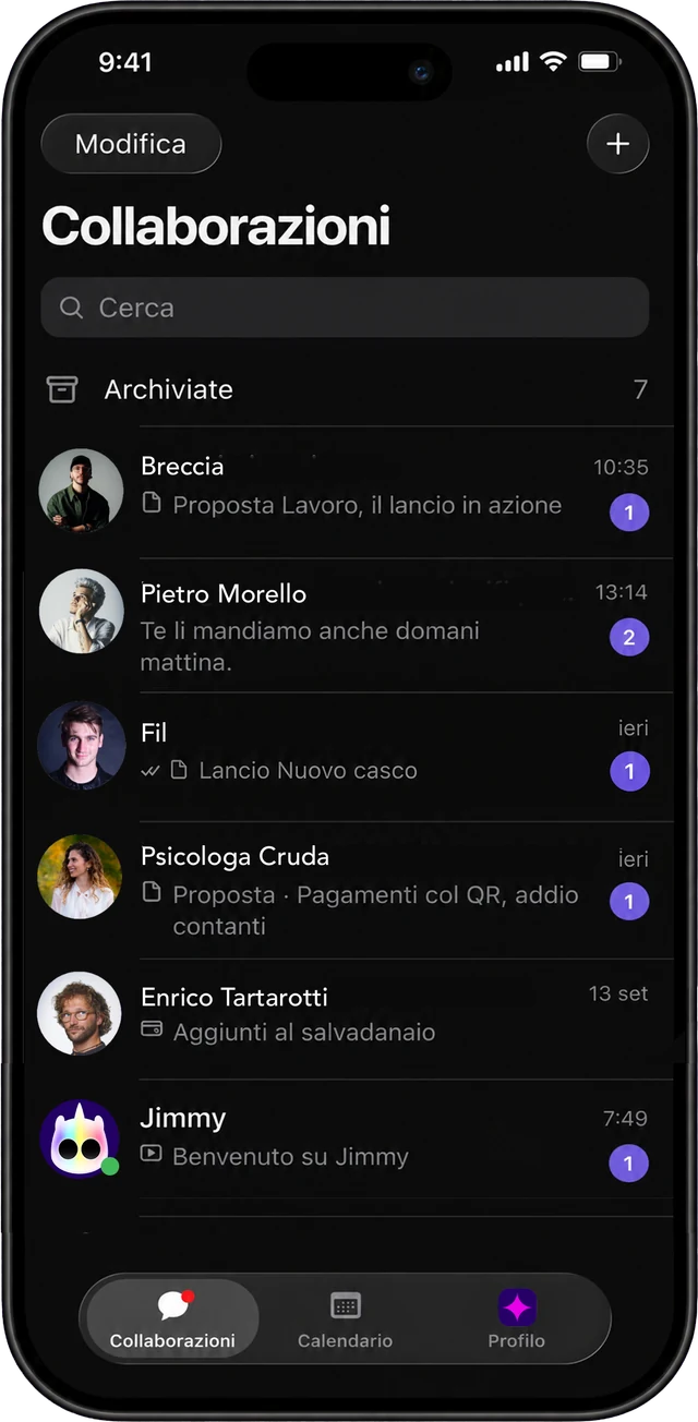 Jimmy collaboration and conversation list with creator names and unread messages. Interface shown in Italian.