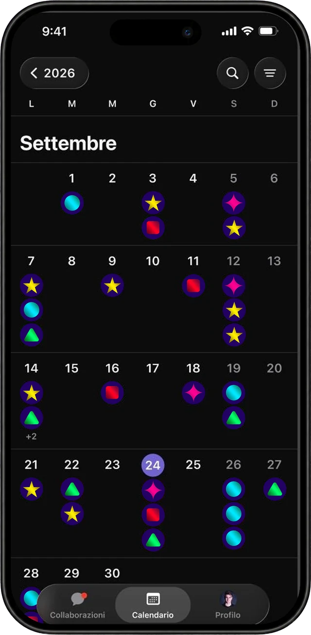 Jimmy’s editorial calendar showing content deadlines. Interface shown in Italian.