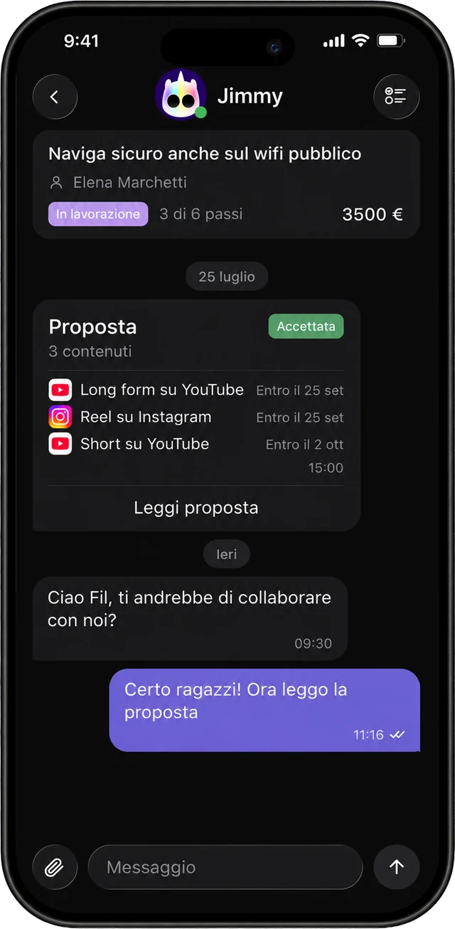 A direct conversation between a creator and a brand on Jimmy. Interface shown in Italian.
