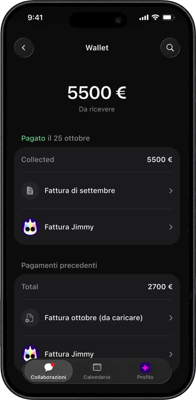 Collaboration payments on Jimmy. Interface shown in Italian.