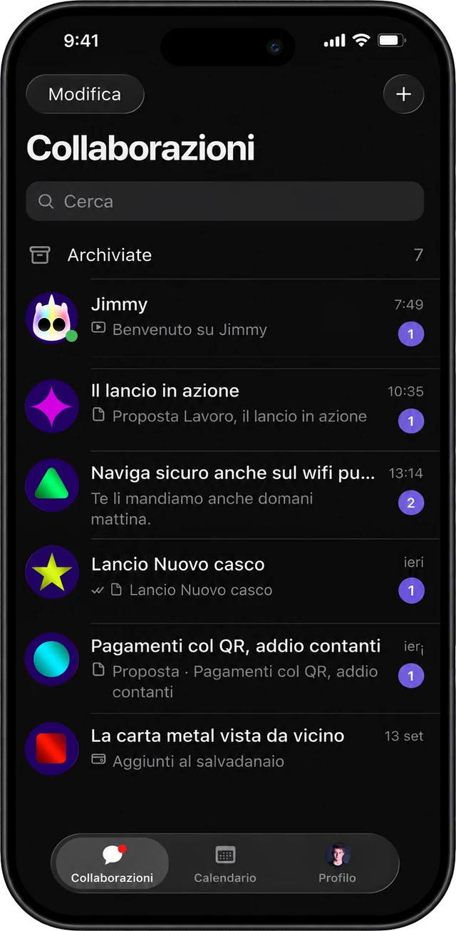 Jimmy collaborations with contracts, quotes and people on one screen. Interface shown in Italian.